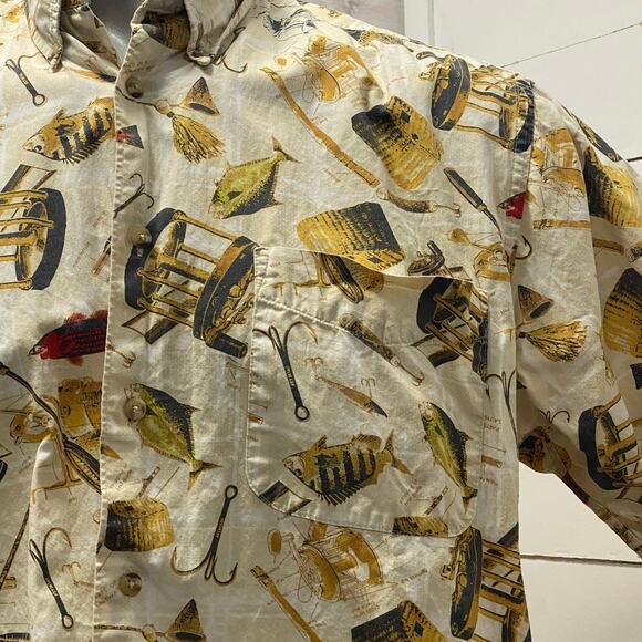 Crossings Mens Camp Fly Fishing Fish Shirt Aloha Hawaiian Button Down Pocket L - Picture 2 of 7